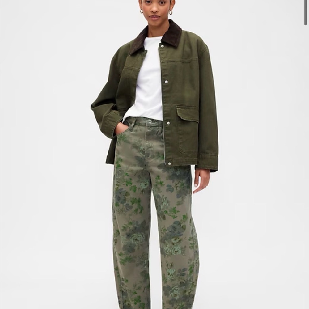 GAP High Rise Green Floral Barrel Jeans
